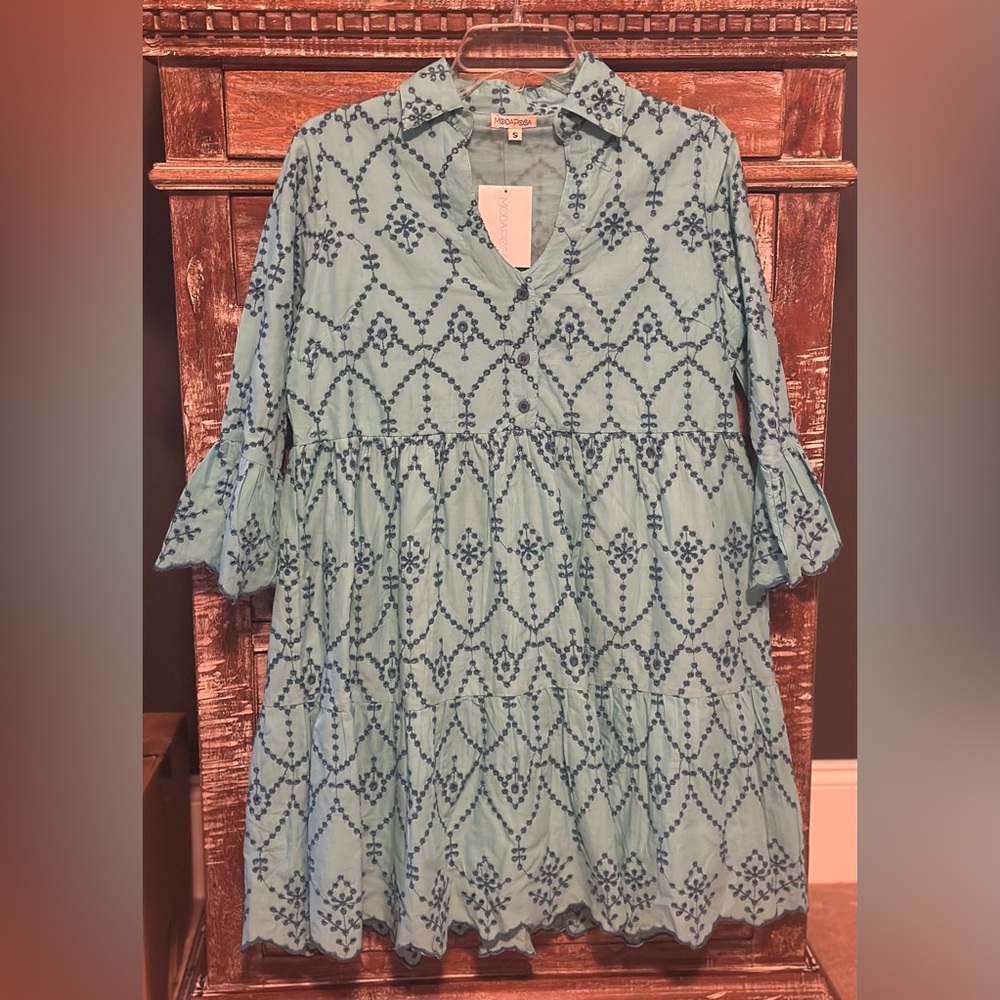 Moda Posa Cadenza dress 3/4 Frill Sleeve Eyelet Dress in blue size small. NWT